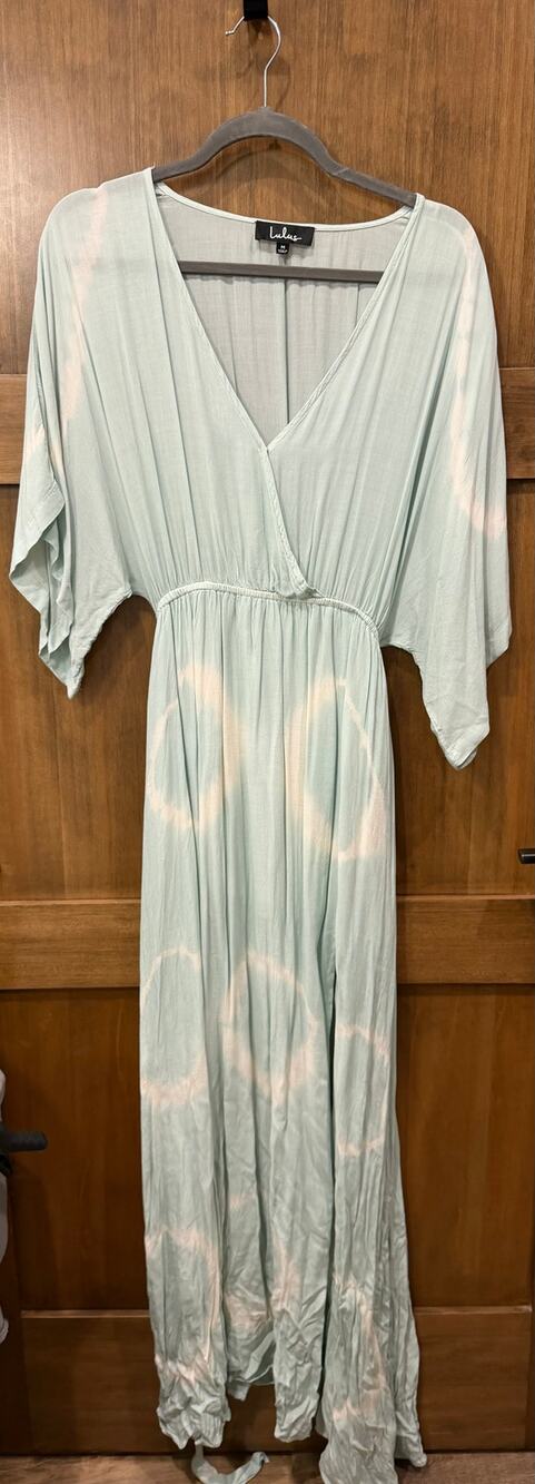 Lulus Long Live Love Sage Green Tie-Dye Maxi Dress Medium Kimono Sleeve Slit